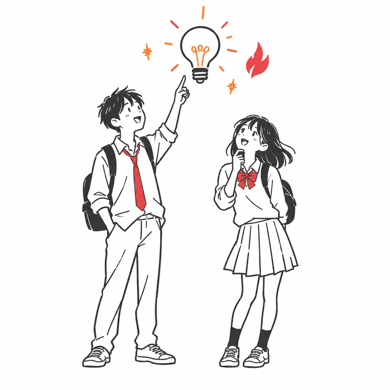 アイデアがひらめき、前向きに考える生徒のイラスト